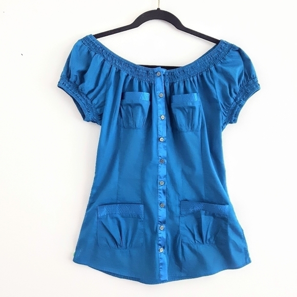 2/$35 Sale BIZZ Girl  PETITE Off the Shoulder Top Aqua Blue Size S - Picture 1 of 9